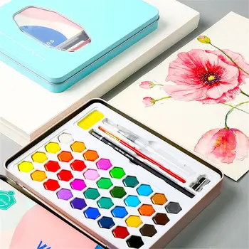 

36 Colors Professional Solid Watercolor Cake Paint Iron Box with Paintbrush Bright Color Watercolor Pigment Set Art Supplies