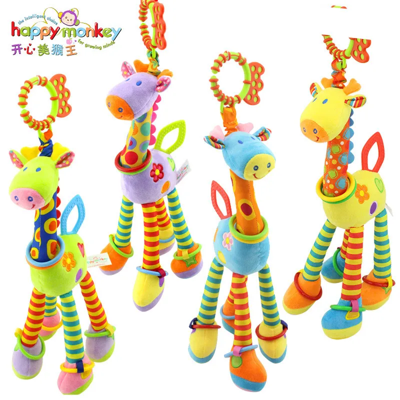 Heureux singe en peluche infantile bébé développement doux girafe animaux handcloches hochets jouets vente chaude avec dentition bébé jouet