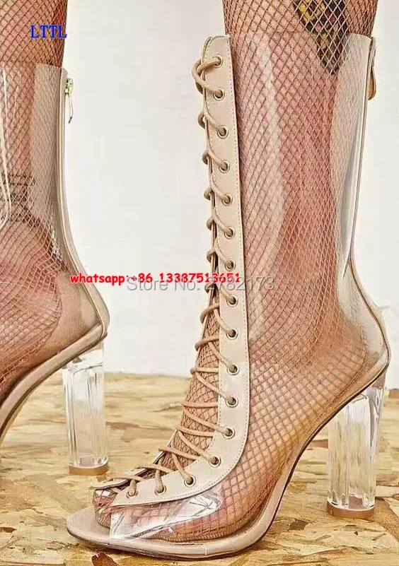 Open Toe Lace Up Women Chunky Heels Clear PVC Mid-calf Boots Gladiator Style Woman Cut-outs Short Boots High Heels Pumps Shoes