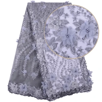 

Bridal Nigerian Wedding Lace Materials 3D Lace Fabric High Quality 2019 African Lace Fabric On Sale Beads Lace Fabric Grey 1400B