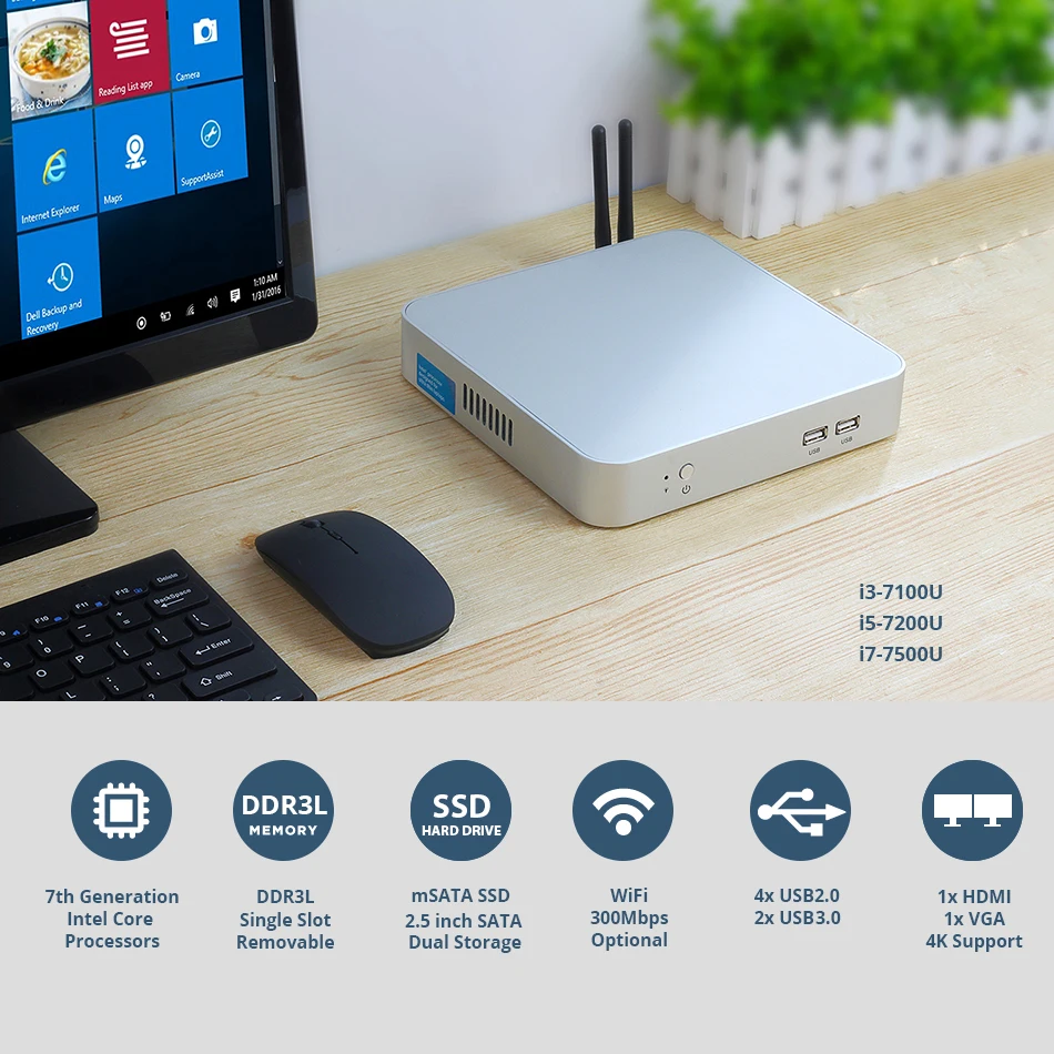 Мини ПК Intel Core i7 7500U i5 7200U i3 7100U офисный компьютер 4 к 300 м Wi Fi HDMI VGA 6* USB Gigabit Ethernet оконные рамы 10 Linux HTPC