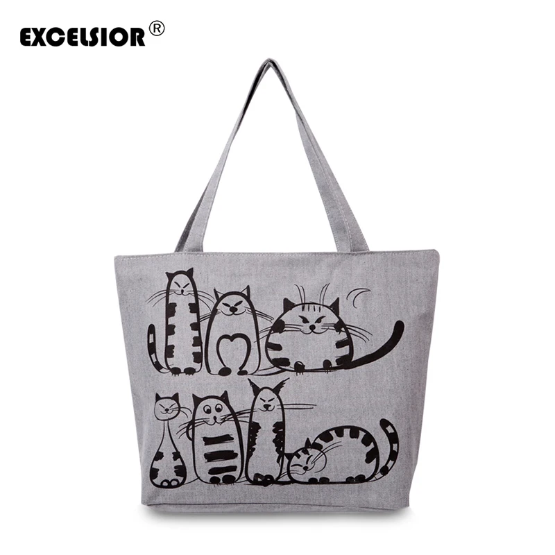 Excelsior 2017 мультфильм Товары для кошек с пляжная сумка на молнии Bolsa feminina Холст Tote
