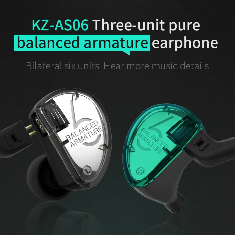 

New KZ AS06 3BA Balance Armature Unit In-Ear Earphone Subwoofer Stereo Sport Headset Noise Cancelling HIFI Earbuds with mic