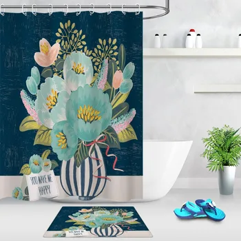 

Painting Stripe Vase Green Pink Flower Leaf Shower Curtains Bathroom Curtain Waterproof Polyester Fabric for Bathtub Home Decor