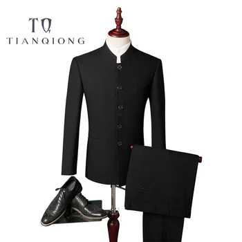 

TIAN QIONG cheap Men Formal Business Suits Pants Chinese Tunic Suits Black New Arrival Traditional Mandarin Jacket+Pants S-4XL