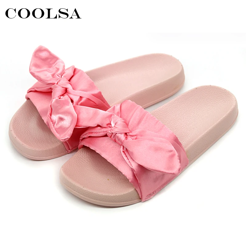

Coolsa Summer Women Bow Slippers Silk Cloth Bowknot Slides Flat Non Slip Bottom Shoes Indoor Flip Flops Lady Cute Beach Sandals