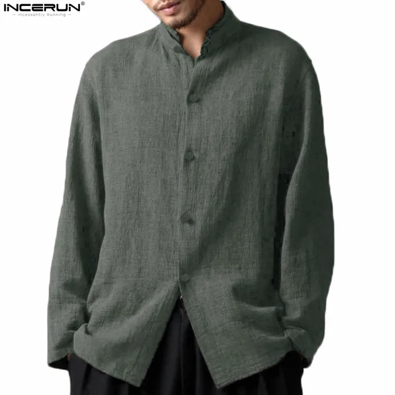 Льняные рубашки в китайском стиле со стоячим воротником и длинным рукавом, Мужская винтажная рубашка, Повседневная свободная Мужская рубашка camisa Social camisa masculina