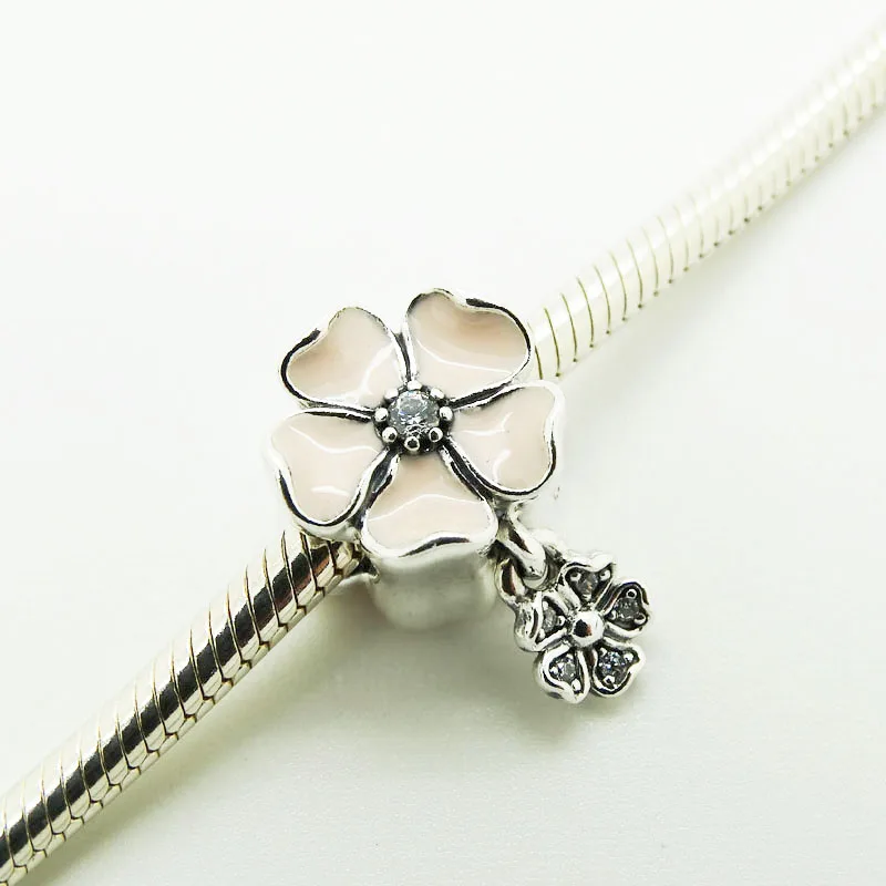 

925 Silver Beads Flower shape with Poetic Blooms with Soft Pink Enamel and Clear CZ Spring Jewelry Fits Silver Charms Bracelet