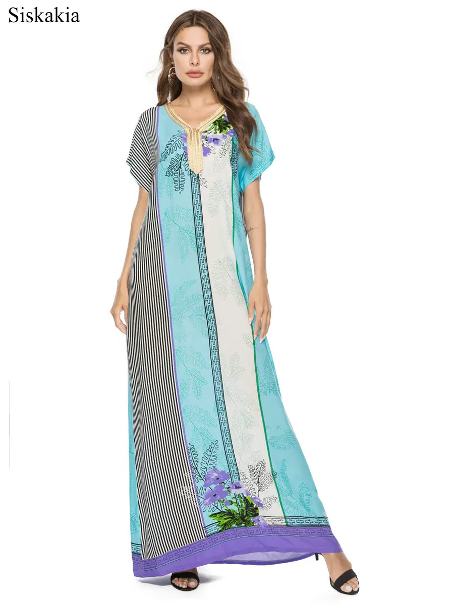Siskakia Stripe Print Maxi Long Dress Women Elegant Loose Bohemia Style Female Long Dresses Light Blue V Neck Short Sleeve New (1)