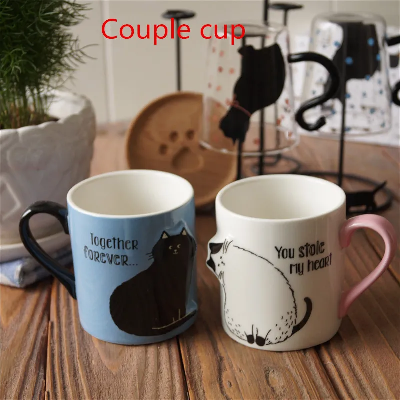 

Valentine's gift cartoon lovely heart couple cat mugs cup ceramic water cup 3d tilt head cat coffee cup with gift box packing