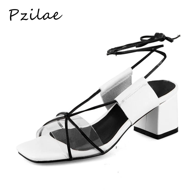 

Pzilae fashion genuine leather shoes women concise high heels summer sandals lace up cross tied sexy summer shoes woman sandals