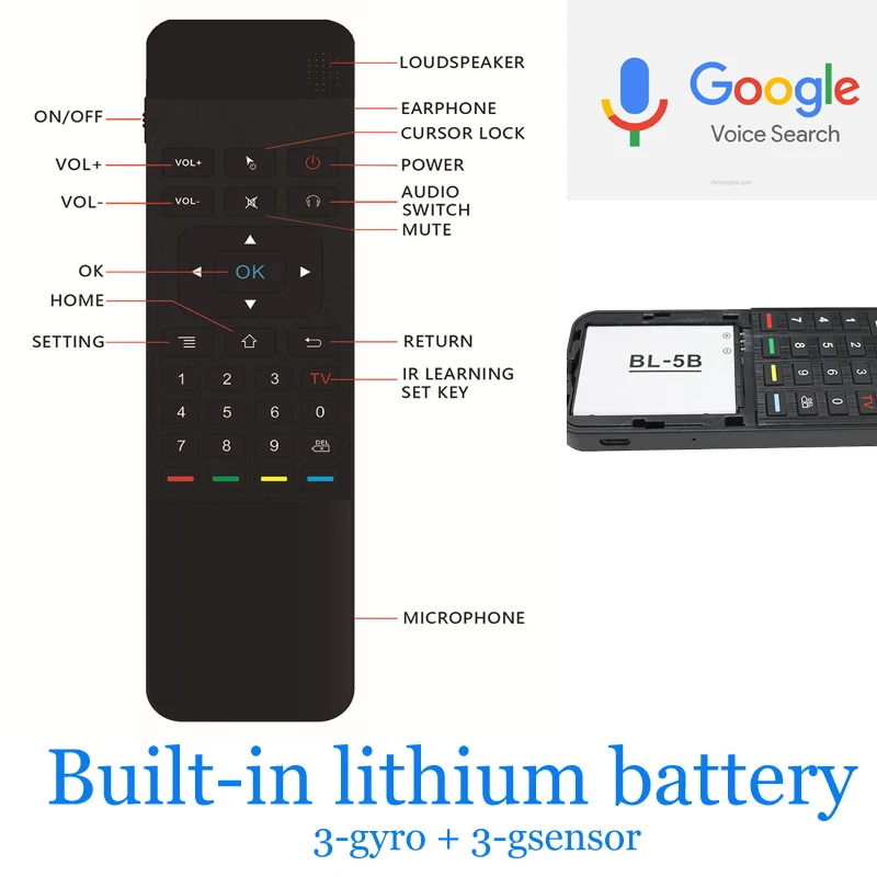 

built in li-on battery T3-P google voice Air Mouse with QWERTY Keyboard remote controller supports rf learning 3 gyro 3 gsensor