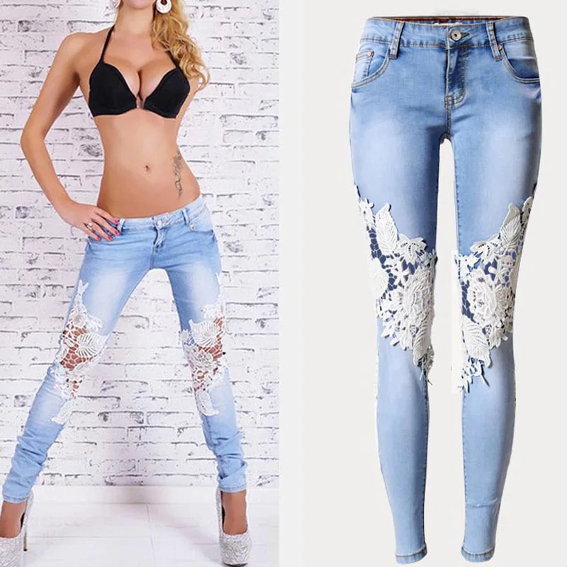 

Summer Fashion Lace Spliced Jeans Woman Low Waist Button Pockets Cotton Pants Sexy Slim Jean Casual Women's Stretch Skinny Pants