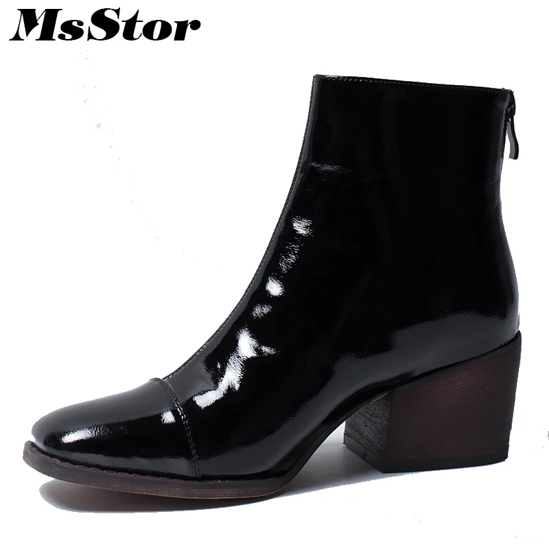 

MsStor Women Boots Fashion Zipper Square Toe Square heel Ankle Boots Women Shoes Genuine Leather High Heel Boot Shoes For Girl