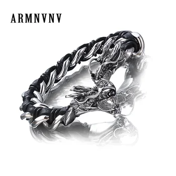 

ARMNVNV Dragon Head Leather Bracelet Men Mens Leather Bracelets 2019 Heavy Metal Stainless Steel Male Jewelry Friendship Gifts