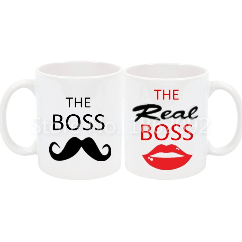 Ashley Furman malt beton Funny The Boss The Real Boss Mug Set Novelty His Her Couple Coffee Cup Set  White Ceramic Moustache Lip Wedding Valentine Gifts