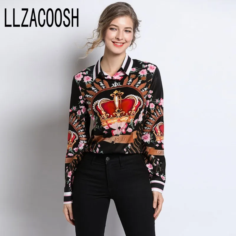 

Runway Designer Plus size Blouses 2019 Spring Summer Women's Long Sleeve Vintage Chiffon Flower Crown Print Shirt Fashion Tops