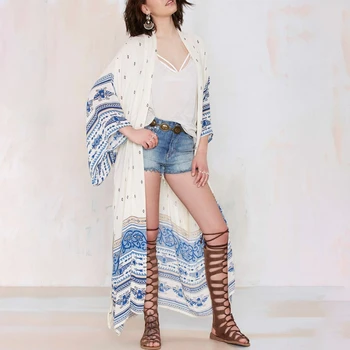 

KLV Womens Chiffon Printed Long Cardigan Bohemian Beach Cover-Ups Swimwear Bikini Wrap Robe Flare Sleeve White New