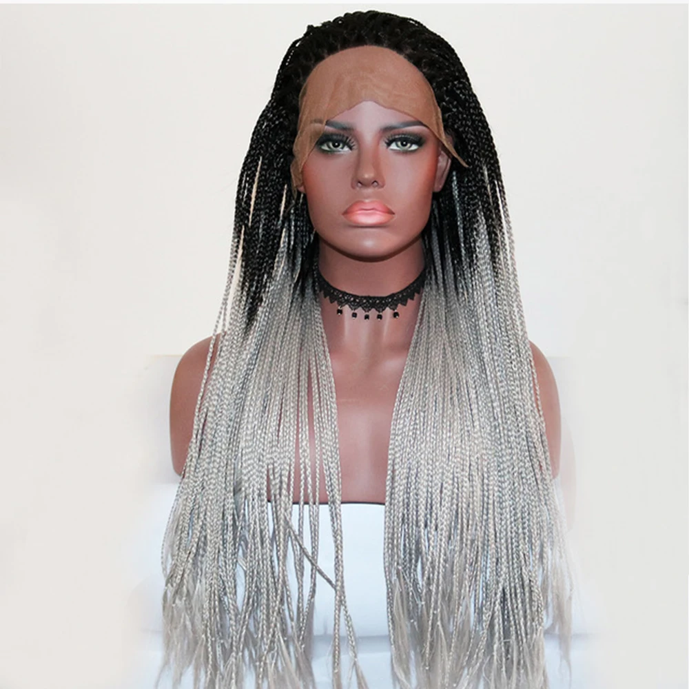 

Fantasy Beauty Dark Roots Ombre Grey Braided Long Synthetic Lace Front Wig For Women African American Artificial Hair Braids Wig