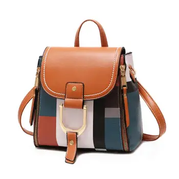 

Women Backpack Color Blocking Casual PU Leather Knapsack Travel Bag Felame Plaid Backpacks Lady Shoulderbags Girl Schoolbag New