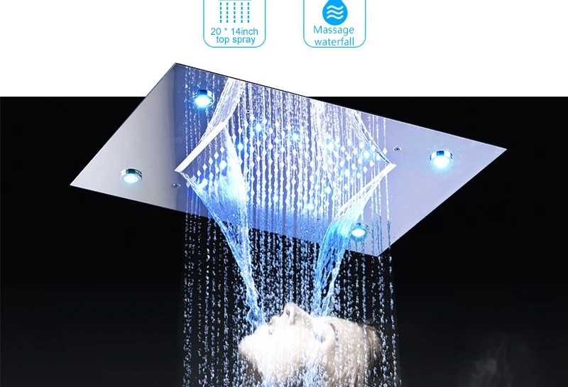 hm Shower System Double Waterfall Rainfall Large Ceiling LED Rain Shower Head Recessed Automatic Color Change Thermostatic Tap (5)