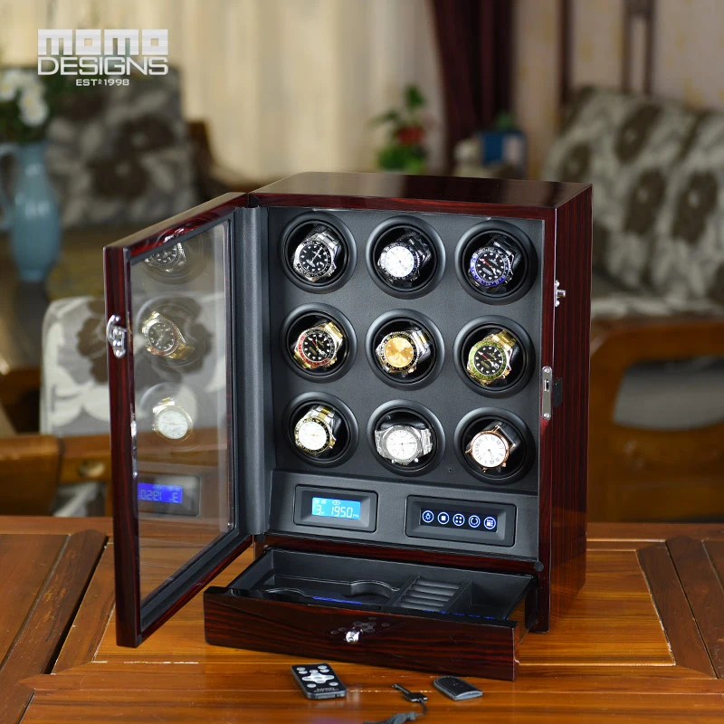 Luxury wooden watch winder with drawer, High quality LCD control 6+2 Automatic watch winder box watch storage case Birthday gift
