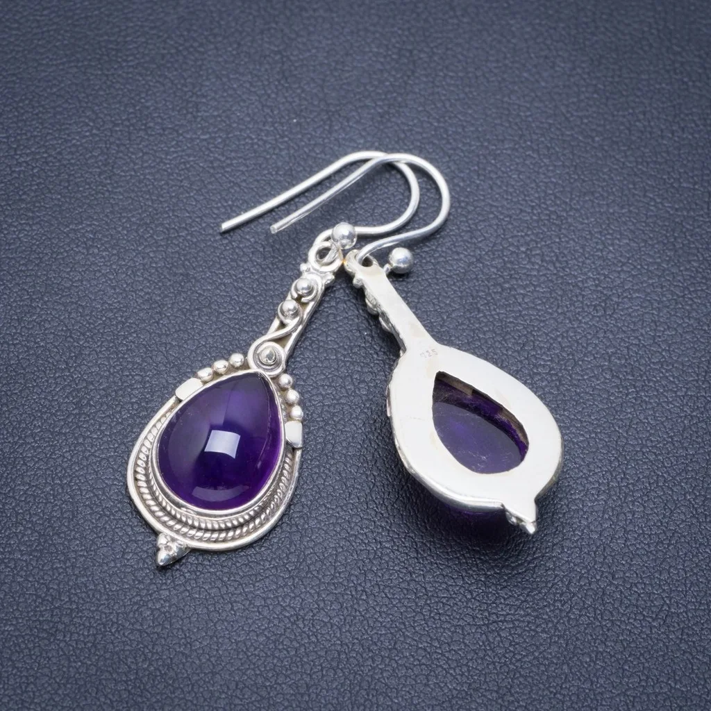 

Natural Amethyst Handmade Unique 925 Sterling Silver Earrings 1.75" A2154