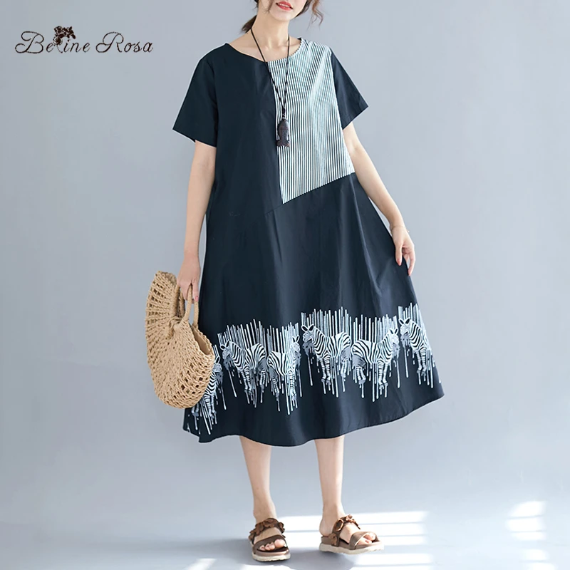 BelineRosa European Casual Style Striped Printing Black Dresse Loose