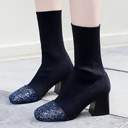 Дамская обувь Для женщин вязаная обувь женская обувь zapatos mujer Sapato ботинки до середины икры высокий толстый каблук; блестящие XZ181266