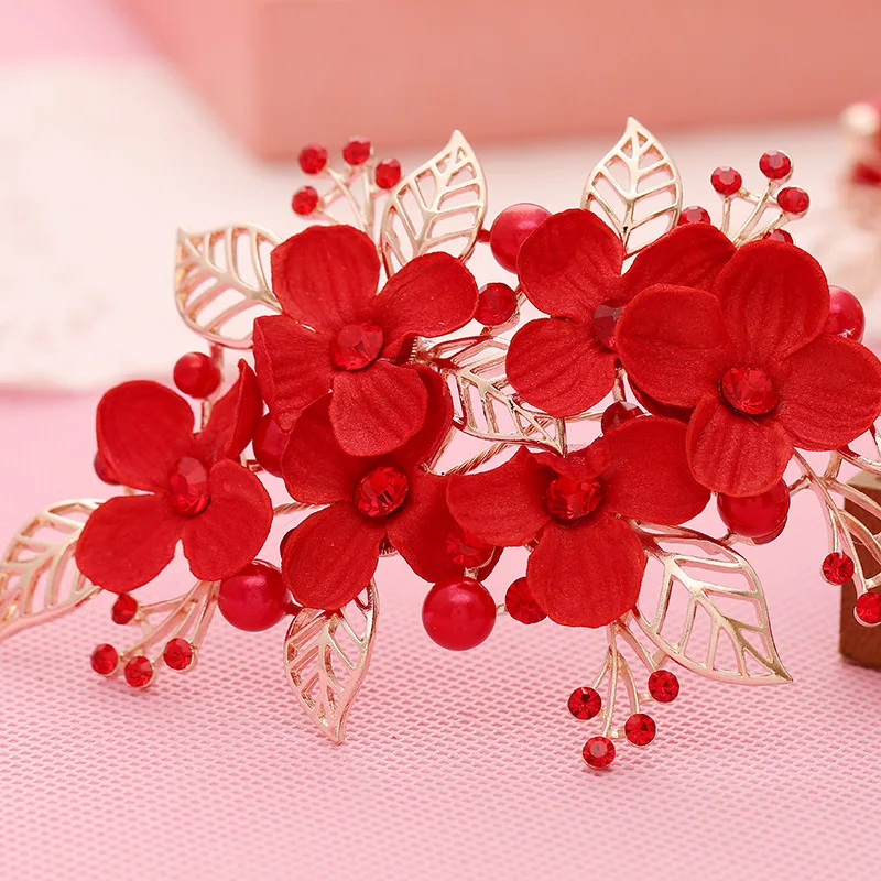Ручной работы нежный свадебный тиара красный цветок полые листья удивительные украшения для волос свадебная корона гибкие queen тиара