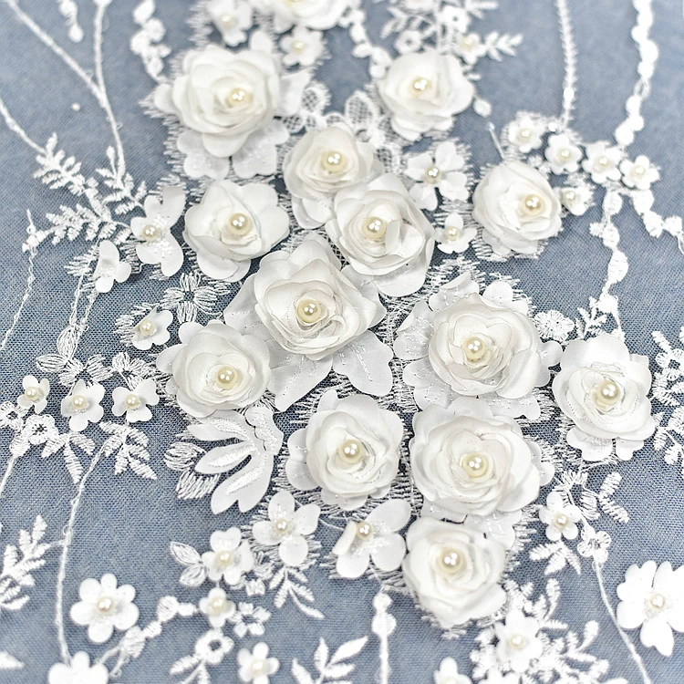 

Luxurious stereo satin nail bead embroidery sequins lace fabrics Wedding dress fabric diy craft materials Lace
