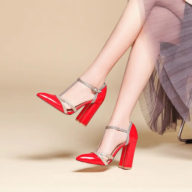 

Summer Womens High Heels T-Strap Block Heel Shoes Wedding Pumps Ladies Pointed Toe Shoes Nude Black Red Yellow Silver White Gold