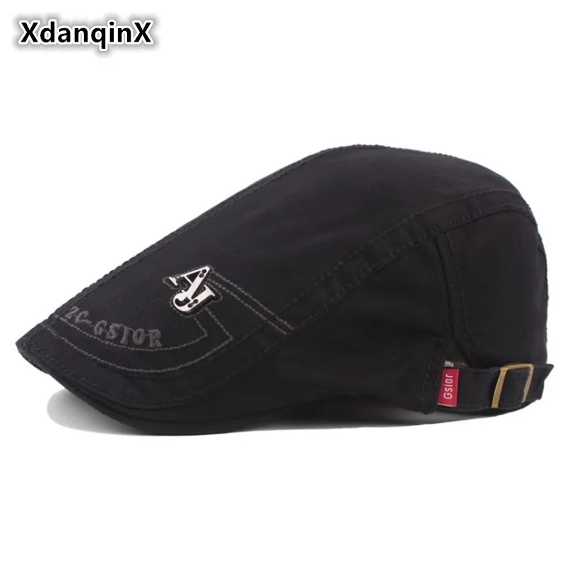 

XdanqinX Men's Cap Spring Summer New 100% Cotton Beret With Embroidery British Retro Visor Hats For Men Adjustable Size Male Cap