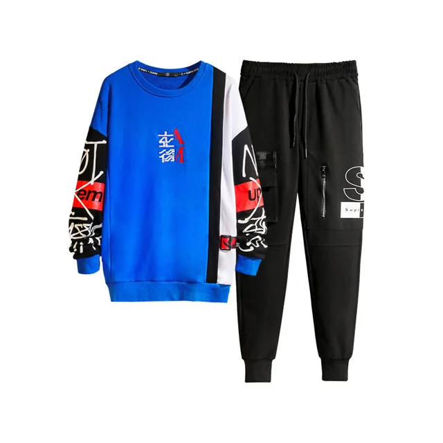 

2019 New Man's printed hoodie two-piece set men's personality doodle leisure set casual sports suit men