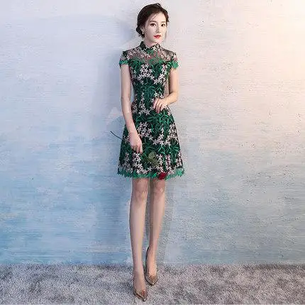 Винтажное женское китайское платье цвета шампанского на пуговицах, элегантное женское платье Ципао с коротким рукавом, милое традиционное платье Ципао трапециевидной формы, размеры XS-3XL - Цвет: Green 2