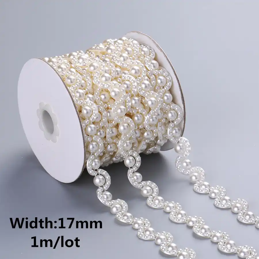 1 Roll of 15 Meters Pearl Beaded Ribbon Chain Trim Embellishment for DIY Craft