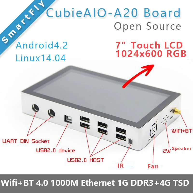 CubieAIO A20 все в одном MiniPC коробка с " lcd открытым исходным кодом Android Linux UART x4 USB x6 Allwinner A20, ARM демонстрационная плата