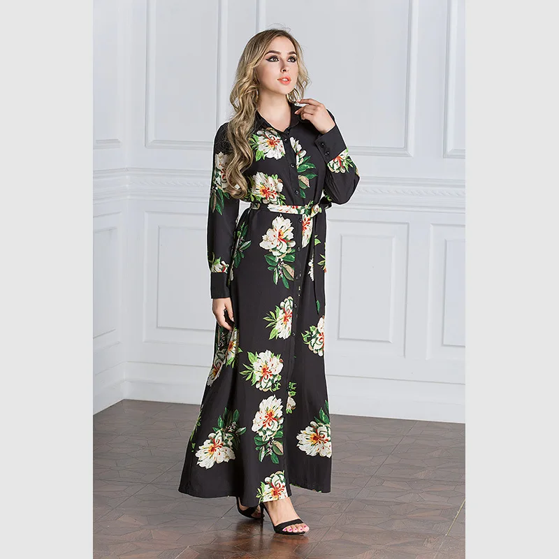 2019 Women Muslim Abaya Dress Turn-down Collar Long Sleeve Plus Size 7XL Printed Flower Islamic Clothings Dubai Turkey | Тематическая
