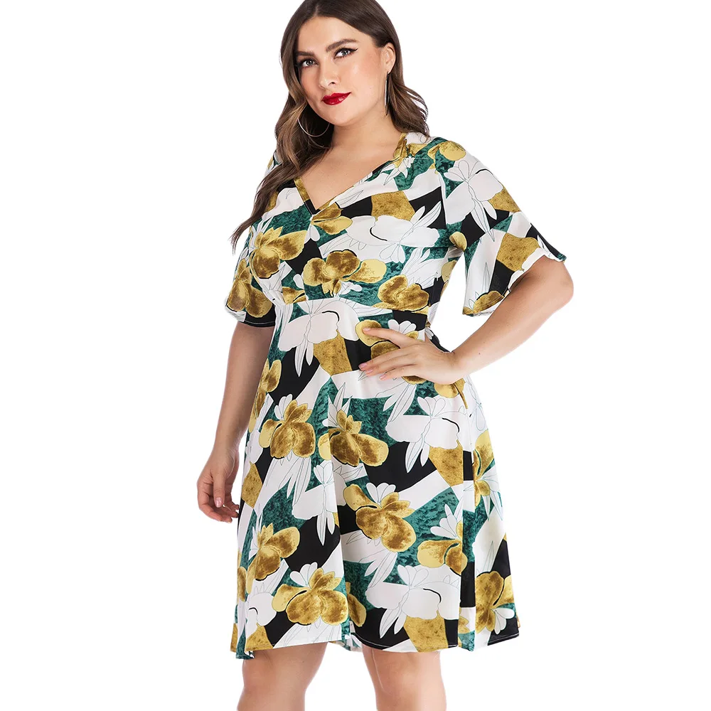 ROSE GAL Женское мини-платье Boho с цветочным принтом Лето коротким рукавом V-образным