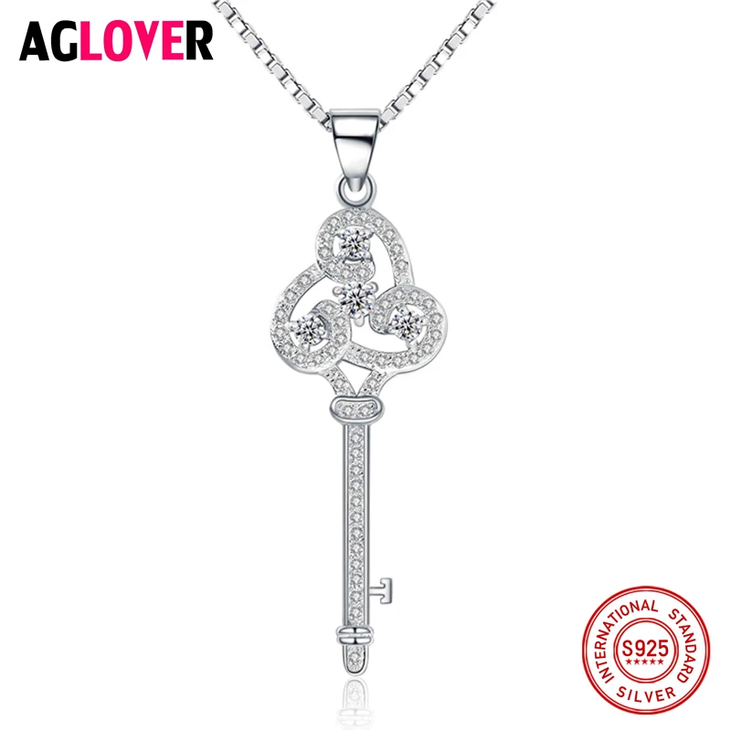 

AGLOVER New Arrival 925 Sterling Silver Key Clear CZ Zircon Chain Necklaces & Pendants For Women Fine Jewelry Collar