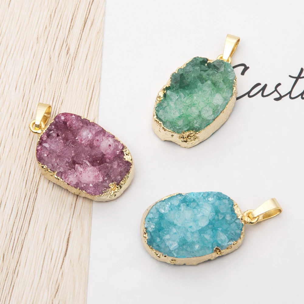 

1PC Natural Stone Pendant Oval 3 Colors Druzy Crystal Pendant Chakra Agates Geode Pendant Jewelry Making Charm