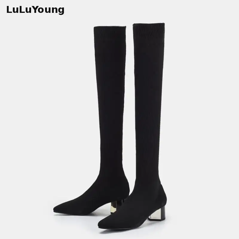 

2018 Knee Length Booties Knitted Elastic Socks Boots Thin Legs Pointed Toe Medium Heel Over The Knee High Boots