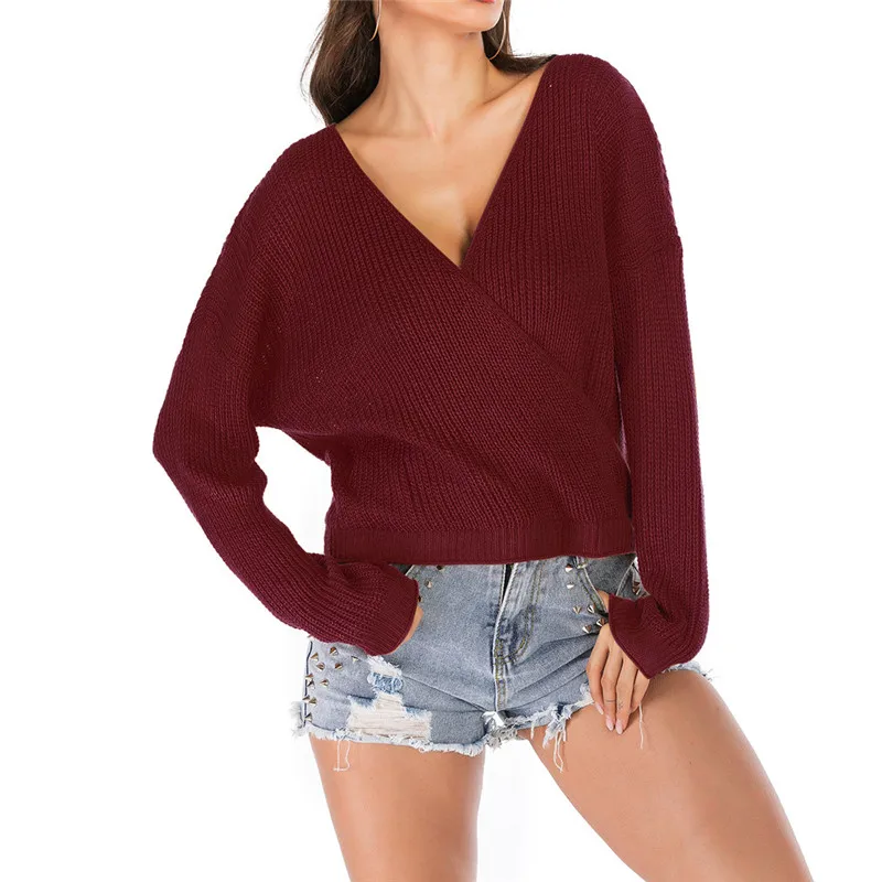 JAYCOSIN женский свитер осень зима сексуальный однотонный вязаный длинный рукав v-образный вырез открытая спина свитер короткие пуловеры Топы jy22 - Цвет: WE