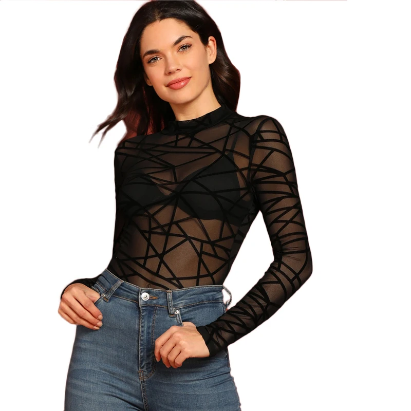 COLROVIE Black Sheer Sheer Mesh Geo Slim Fitted Sexy T-Shirt Women Spring Korean Long Sleeve Shirts Tee Club Ladies Tops