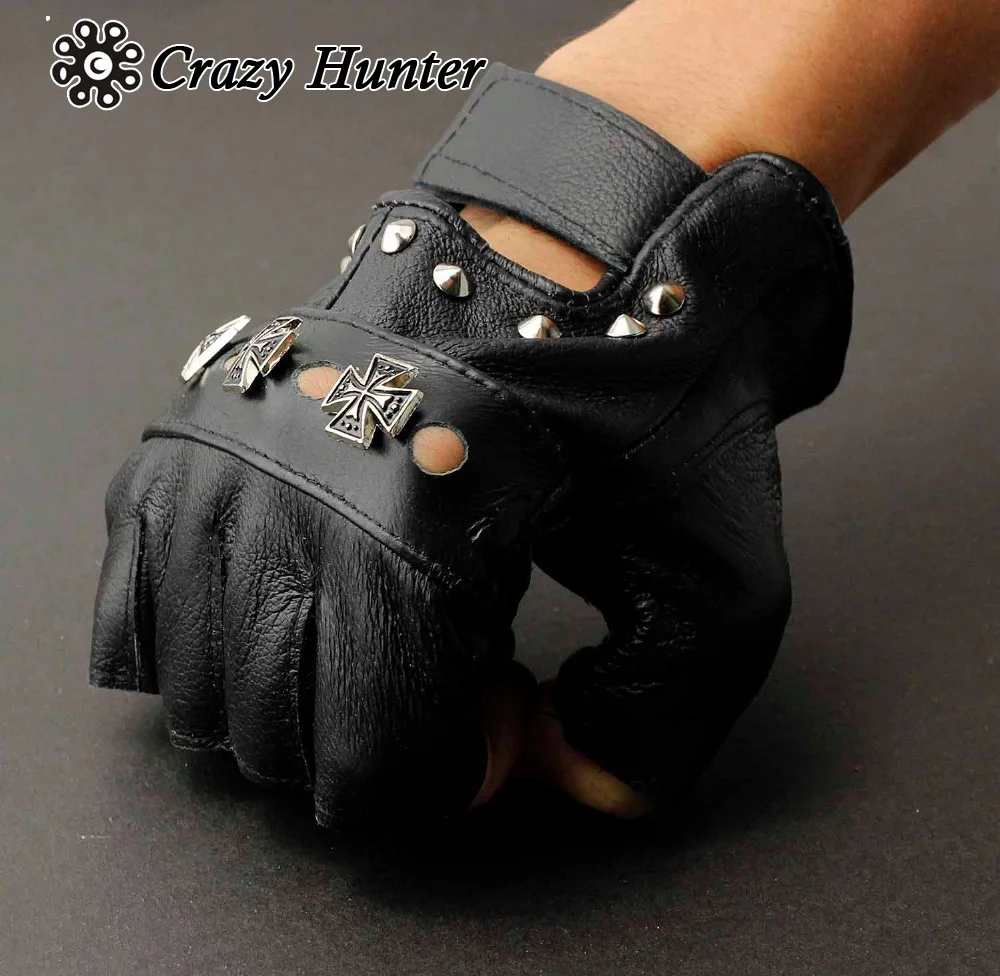 Men Real Leather Cross Stud Punk Rocker Driving Motorcycle Fingerless