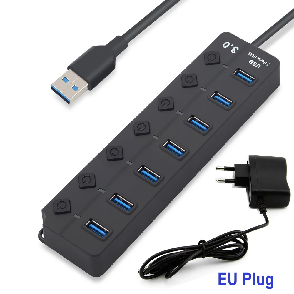 USB Hub 3,0 High Скорость 7 Порты USB 3,0 Splitter с индивидуальным на/Off переключатели для ноутбука PC, EU/US Мощность дополнительного адаптера - Цвет: 7-Port hub EU Plug