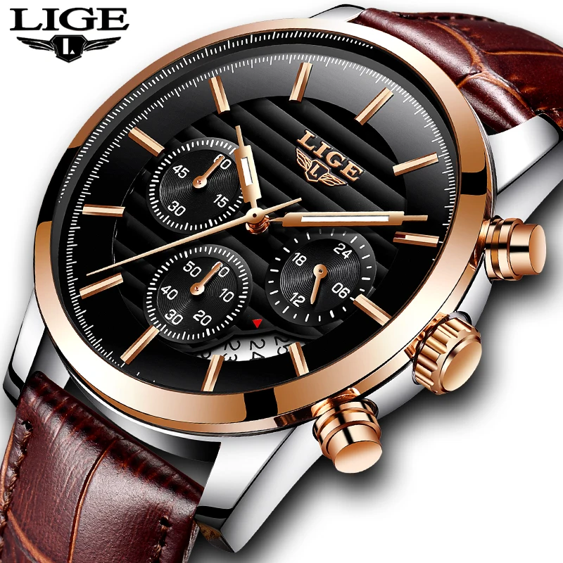 

LIGE Watch Men's Business Leather Waterproof Sports Wristwatch Mens Watches Top Brand Luxury Fashion Simulated quartz Watch +Box