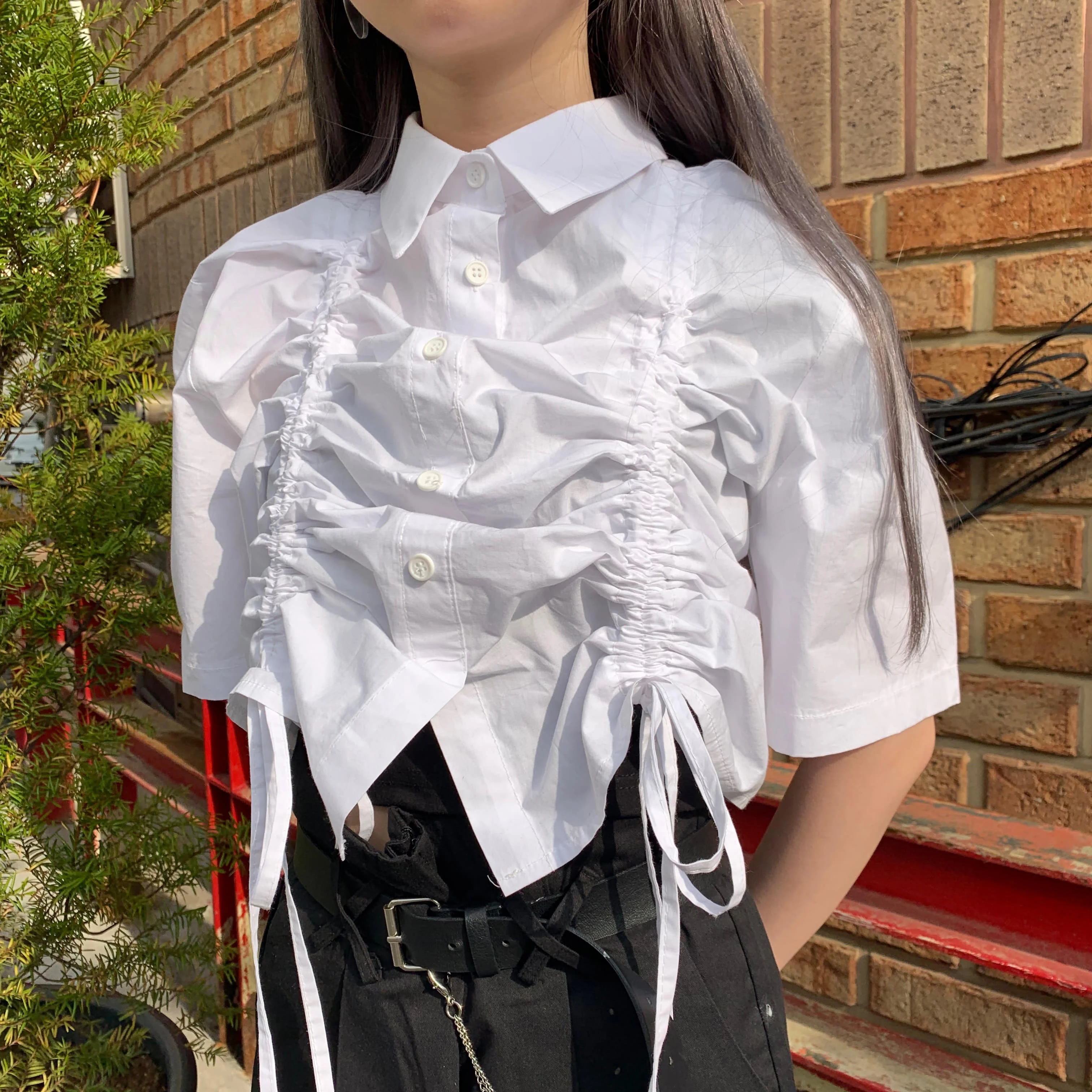 RUGOD корейские шикарные женские рубашки с завязками Harajuku модная короткая блузка с отложным воротником Женская летняя одежда Необычные Топы