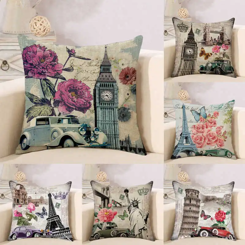 

vintage eiffeler tower printed linen Pillow case decorative cushion cover
