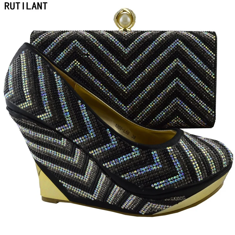 

New Arrival African Women Italian Shoes and Bag Set Black Color Shoe and Bag Set for Party In Women Shoe and Bag Set New 2018